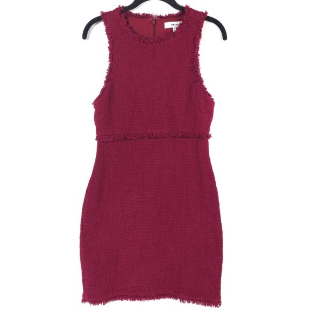 LIKELY Crew Neck Mini Dress Burgundy Tweed Fringe Trim Sleeveless Size SMALL